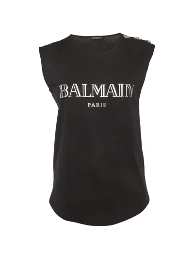 Pre-owned Balmain Logo-print Button-detail Tank Top In Black