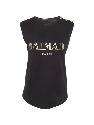 Pre-owned Balmain Logo-print Button-detail Tank Top In Black