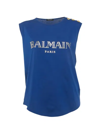 Pre-owned Balmain Logo-print Button-detail Tank Top In Blue