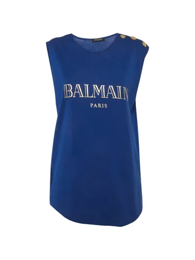 Pre-owned Balmain Logo-print Button-detail Top In Blue