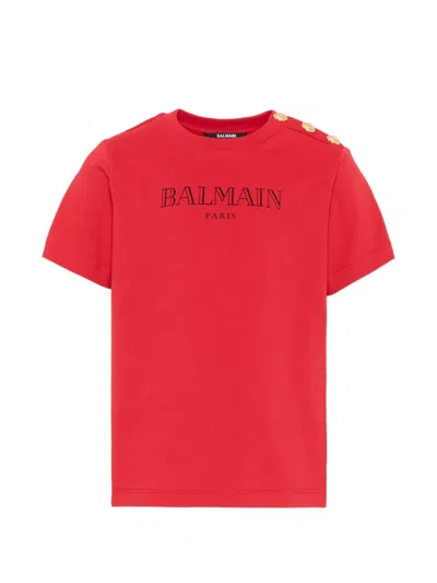 Balmain Kids' Logo-print Button-detail T-shirt In Red
