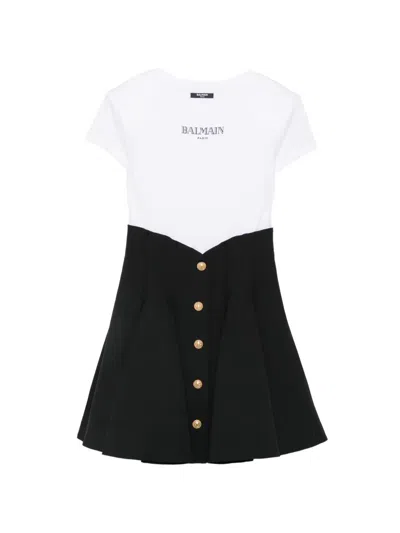 Balmain Kids' Logo-print Button-embellished Dress In White