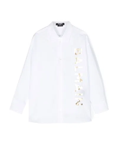 Balmain Kids' Logo-print Cotton Shirt In White