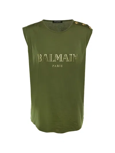 Pre-owned Balmain Logo-print Cotton Sleeveless T-shirt In Green