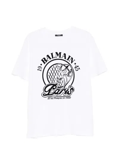Balmain Short Sleeve Crew Neck Graphic Shirt In White
