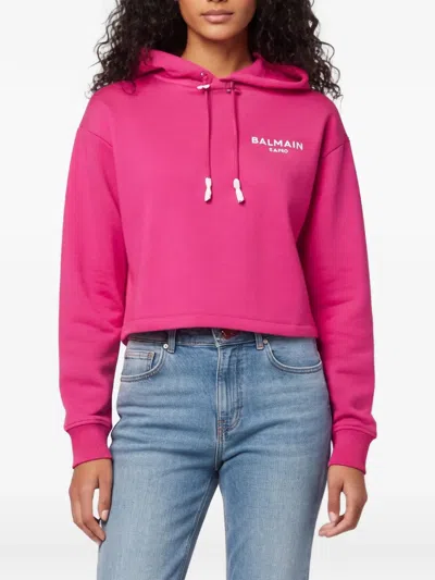 Pre-owned Balmain Logo-print Cropped Hoodie In Pink