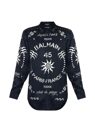 Balmain Logo-print Long-sleeve Shirt In Blue