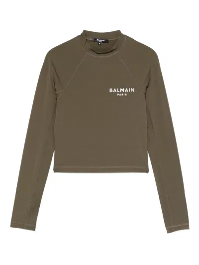Balmain Logo-print Long-sleeve T-shirt In Green