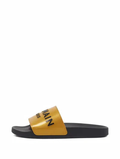 Pre-owned Balmain Logo-print Rubber Slides In Black