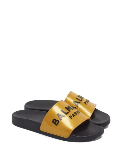 Pre-owned Balmain Logo-print Rubber Slides In Yellow