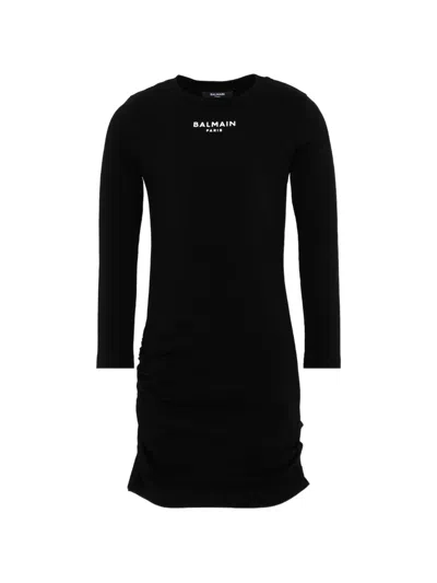 Balmain Kids' Logo-print Ruched Dress In Black