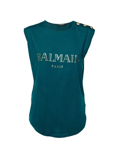 Pre-owned Balmain Logo-print Sleeveless Button-detail Tank Top In Green