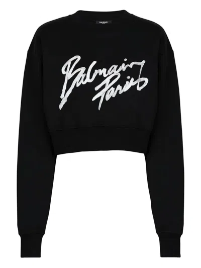 Balmain Logo-printed Cropped Sweatshirt In Black