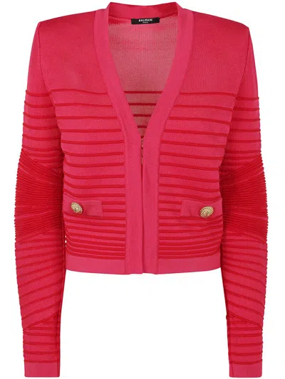 Balmain Lon Sleeves Side To Side Flechage Knit Cardigan In Pink