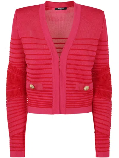 Balmain Lon Sleeves Side To Side Flechage Knit Cardigan In Pink