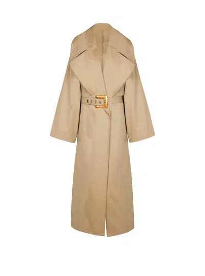 Balmain Long Cotton Gabardine Trench Coat In Sand