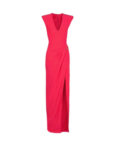 Balmain Long Crepe Dress With Embellished Detail In Pink