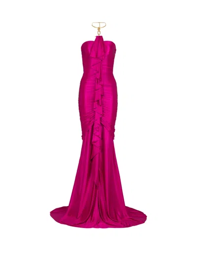 Balmain Long Draped Bustier Dress With Embellished Detail In Pink
