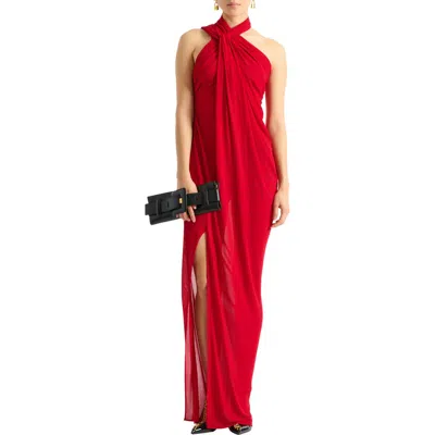 Balmain Cross Neck Draped Jersey Gown In Animal Print