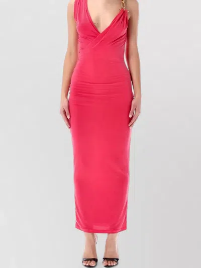 Balmain Long Dress Deep V Neck Draped Chain In Pink
