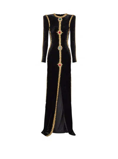 Balmain Long Embellished Velvet Dress In Black