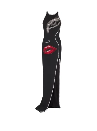 Balmain Long Embroidered Dress With Face Motif In Black