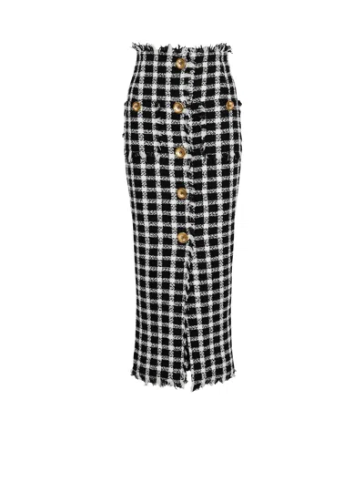 BALMAIN LONG GINGHAM TWEED SKIRT