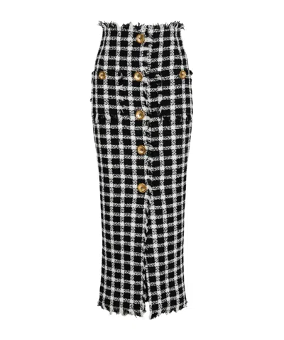 BALMAIN BALMAIN GINGHAM TWEED LONG SKIRT