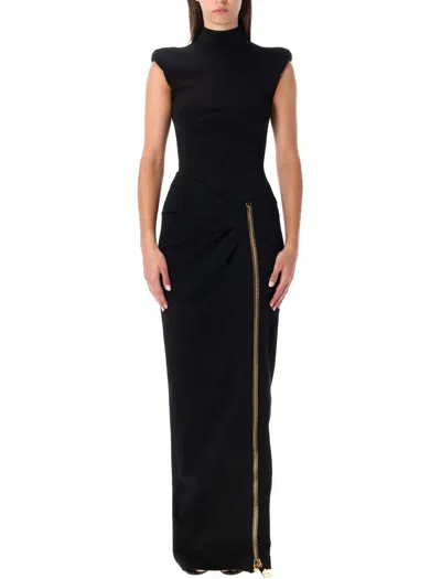 Balmain Long Gown Zip Detail In Black