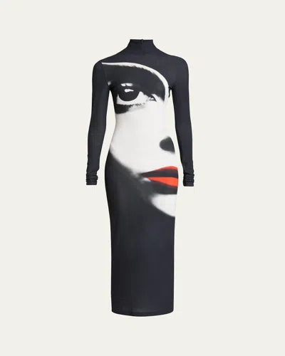 Balmain Long High-neck Face Print Dress In Black