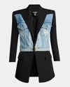 Balmain Long Hybrid Denim Wool Blazer In Black Hologram Blue