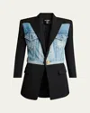 Balmain Long Hybrid Denim Wool Blazer In Black Hologram Blue