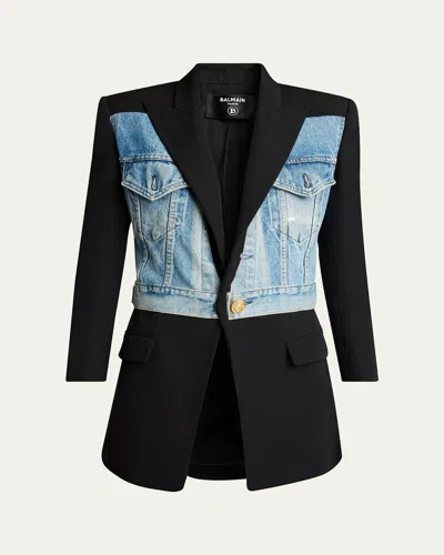 BALMAIN LONG HYBRID DENIM WOOL BLAZER