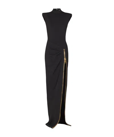 Balmain Long Jersey Dress With Leg Slit In Black