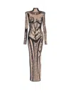 Balmain Long Knit Dress With Body Motif In Neutral