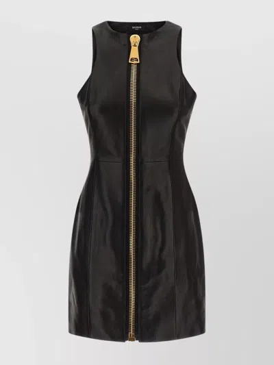 Balmain Long Leather Dress Zip Detail In Animal Print