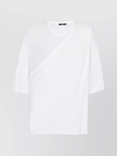 Balmain Long Length Round Neck T-shirt With Asymmetrical Design In White
