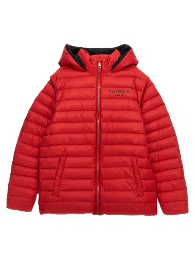 Balmain Kids' Long Logo Print Down Jacket In Red