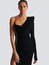 Balmain Draped Asymmetrical Two-material Dress In Black