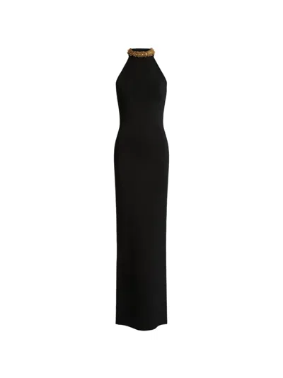 Balmain Vestido Largo De Punto Milano Con Bordado In Black