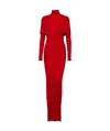 Balmain High Neck Pleated Knit Long Dress In Red