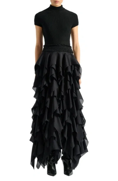 Balmain Silk Ruffled Maxi Skirt In Black