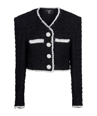 Balmain Tweed Cropped Blazer With Contrasting Details In Black