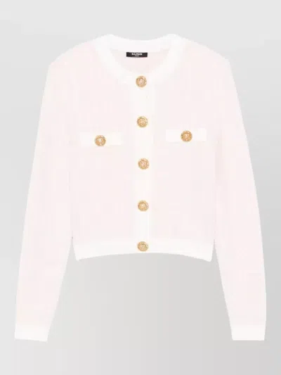 Balmain Long Sleeve Cropped Top Textured Pockets In Pink
