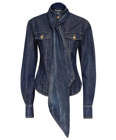 Balmain Long Sleeve Denim Shirt In Blue