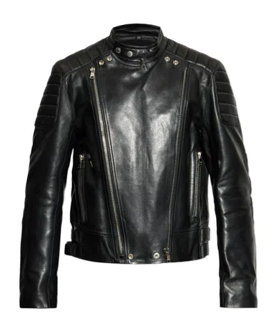 Balmain Long Sleeve Leather Jacket In Black