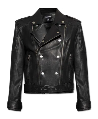 BALMAIN BALMAIN BELTED WAIST LEATHER BIKER JACKET
