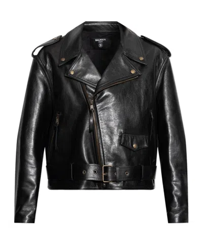 Balmain Long Sleeve Leather Jacket In Black