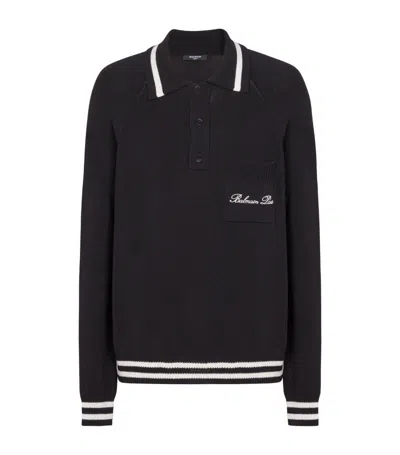 Balmain Logo-embroidered Long-sleeved Polo Shirt In Black