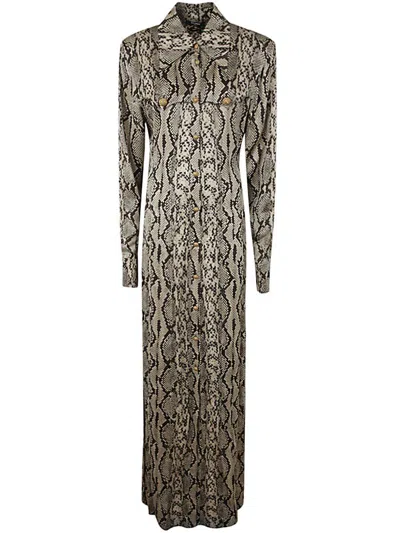 BALMAIN BALMAIN LONG SLEEVE PYTHON SATIN LONG SHIRT DRESS